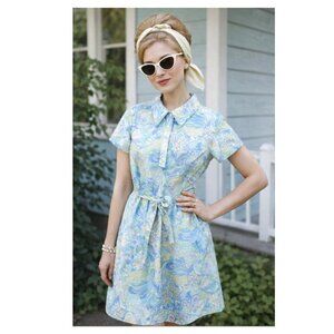 Vintage Homemade Blue Paisley Floral Shirt Dress Belted Casual Retro 1960s Style